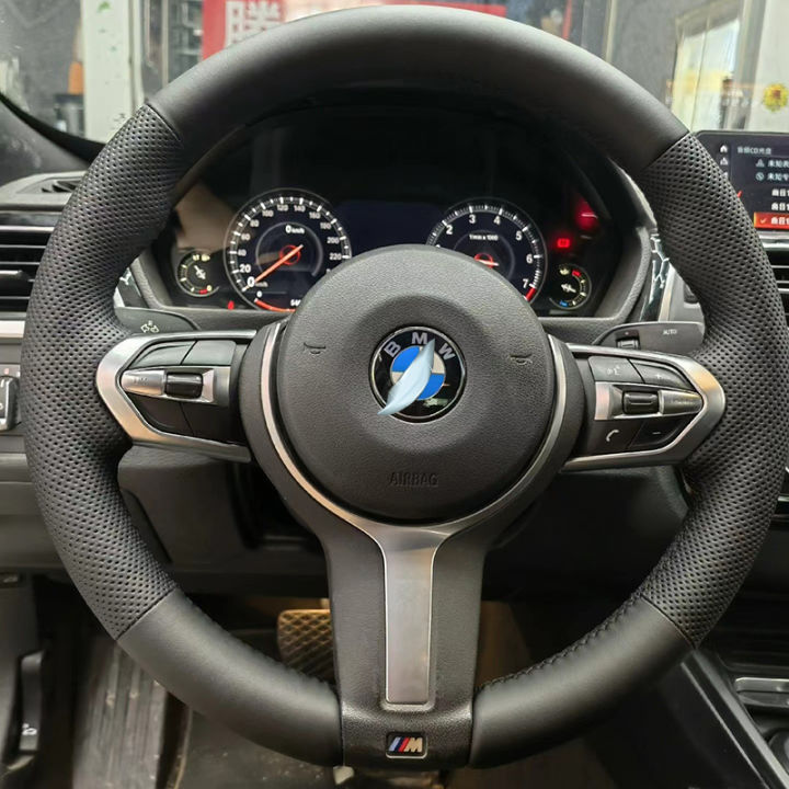 Customized Braid Car Steering Wheel Cover Cowhide Leather For Mazda 3