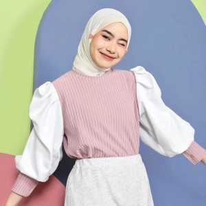 Blouse Knitt Puff Mix Satin/Kemeja Wanita Lengan Balon/blouse korean style/ blouse terbaru