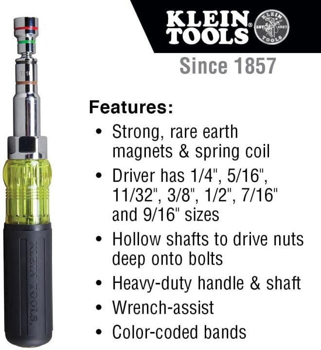 Klein Tools 32807MAG 7-in-1 Nut Driver, Magnetic Driver has SAE Hex Nut ...