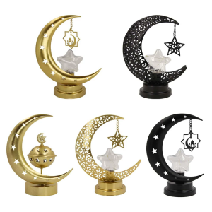 LED Hollowed Moon Star Metal Table Lamp Ramadans Eid Mubarak Warm Glowing Tabletop Decorative Ornament for Islamic Party
