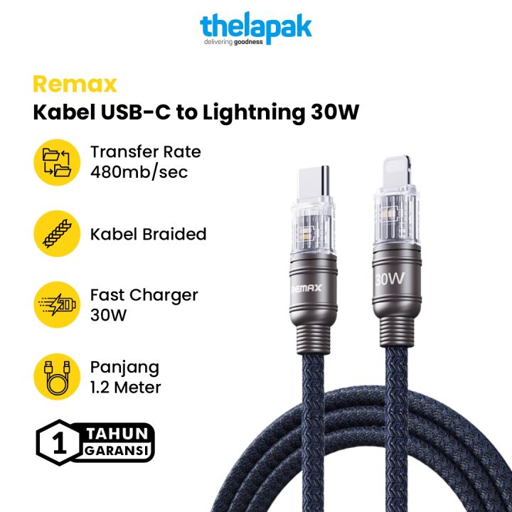 Kabel Type C to Lightning 30W Remax RC-C129 Boundless Fast Charging Cable 1.2M Garansi