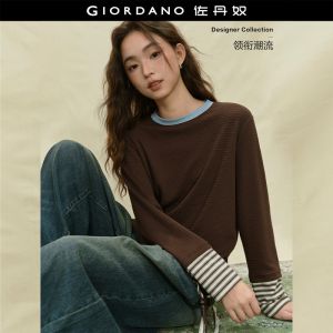 Giordano Women Contrast crewneck striped panel long sleeve tee Free Shipping 18326524
