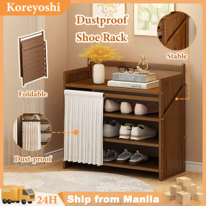 Dustproof Shoe Rack Wooden Shoes Rack Organizer Multi-Layer Shoe Rack with Curtain Dustproof Shoe Cabinet Sturdy Multi-layer Foldable Suitable for Dormitories Doorways Porches