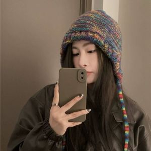 UUMIR Colorful Rainbow Knitted Hat Winter Fashion Warm Beanie Hat Women Gradient Woolen Cap