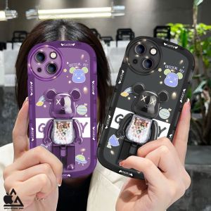 LUXURIOUS 4D BEARBRICK STAND CHROME iPhone 13 PRO MAX 14 PLUS 14 PRO MAX 12 PRO MAX 11 PRO MAX XR X XS MAX 7 7+ 8 8+ Circle Camera Protector Protection Pelindung Kamera Bulat Standing Case SILIKON BENING SILICONE SOFTCASE SOFT CASE Jelly