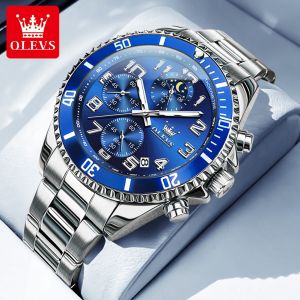 OLEVS Mens Watch Original Waterproof 2024 New Digital Moon Phase Dial Multifunctional Chronograph Luxury Stainless Steel Luminous Calendar