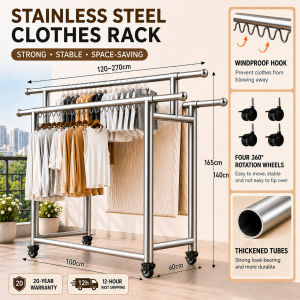 「Premium Quality」Expandable Clothes Rack 304 Stainless Steel Drying Rack Adjustable Garment Rack with Wheels Heavy Duty Foldable Clothes Hanger Stand Durable Strong Load Bearing Capacity Adjustable Roller Clothes Hanger