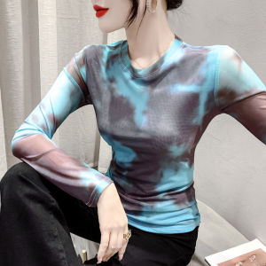 Quần Áo chống nắng mùa hè Yimei Áo thun lưới ôm vừa thời trang mới mùa thu 2023 áo in hình nơ cổ tròn tay áo dài nữ