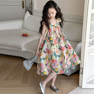 Floral Girls Princess Dress Summer Backless Childs Sleeveless Long Dresses Sweet Print Loose Kid Wear 4 5 6 7 8 9 10 11 12yrs Teens Clothes