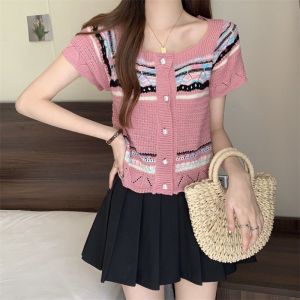 Summer Hollow Knit Top Womens Button Print Square Neck Short Sleeve T-Shirt