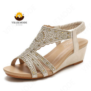VRAIEMODE Peep Toe Wedge Sandals Soft Elastic Band Bohemian Sandals Non-slip Roman Shoes Slingback Womens Sandals