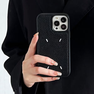 CrashStar Minimalist Black Leather White Thread Fashion Shockproof Phone Case For iPhone 15 14 13 12 11 Pro Max Mini XS XR X 8 7 Plus + SE 2020 Simple Phone Casing Cover Shell
