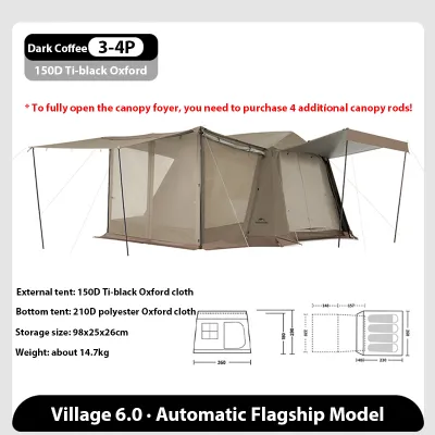 Naturehike Village 6.0 ridge Flagship model automatic tent Titanium Black Glue outdoor camping tent with canopy 3-4 persons family tent Waterproof Sun protection