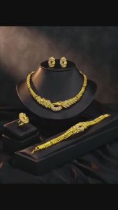 24K Minimalist wave design Dubai gold alloy European and American style necklace earrings bracelet and ring four-piece set Brides Wedding Accessories