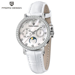 PAGANI DESIGN Womens Watch 33mm Moon Phase Diamond Dial Sapphire Glass Leather Strap Elegant Gift Watch for Her  PD-1789