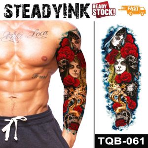 [𝚂𝚝𝚎𝚊𝚍𝚢𝙸𝙽𝙺] Full Sleeve Temporary Tattoo Sticker Waterproof Tatu Pelekat | Gothic Rose Skull | Make up Carnival Event Festival Party |