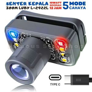 Senter Kepala Tahan 12 Jam Super Terang Lensa Bisa Di Zoom Senter Kepala 10Watt Original Headlamp LUBY L-2922 L | Senter Kepala Waterproof Cas USB Type C Rechargeable Isi Ulang Tahan Lama Laz COD Bisa Bayar di Tempat FAMOUS STAR SHOP