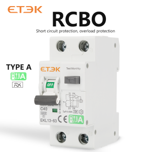 ETEK EKL13-63 เบรกเกอร์ตัดไฟอัตโนมัติสำหรับสถานีชาร์จรถยนต์ Evse แบบ A Type C Curver 30mA 40A 1p+N 2p พร้อมระบบป้องกันกระแสไฟรั่ว 6KA RCBO