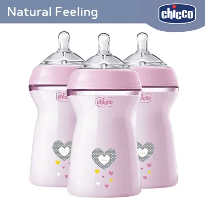 Chicco Natural Feeling Pink Baby Bottle (Pack of 3) 6Mos+ 330ML bottle feeding for baby chicco Baby Bottles feeding bottle for baby girl baby essentials feeding bottle for baby girl