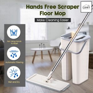 2 in 1 Smart Self-Wash Squeeze Dry Flat Scrape Floor Mop Bucket Tool Kit w 2PCS Cloth Fiber Mop Head