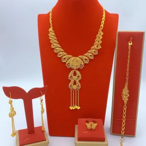 Exquisite and elegant 24K gold Set of Necklace Bracelet Earrings Ring Bridal Wedding Middle Eastern Dubai Jewelry for Women