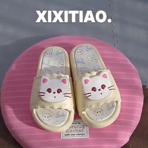XIXITIAO Comfortable Soft Sole Bathroom ins Fengjia Home Open-Toe Slippers Summer Girly Bow Cute Kitten Sandals for Women