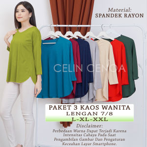 Paket 3 Kaos Wanita Tangan 7/8 Big Size Kaos Wanita - Shirt Wanita Lengan 7/8 Kaos Oblong Jumbo Kaos Wanita Oversize-Atasan Wanita 3/4