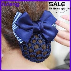 fufeng Nurse Stewardess Hair Accessories Bowknot Stripe Net Bun Hair Cover Women Barrette Net Bun Crochet Net Bun Snood