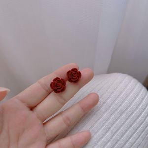 【♡Lovely girls house♡】Korean Style Temperament Red Flocked Flower Stud Earrings for Women Retro Ear Studs Fashion Elegant Jewelry Gifts