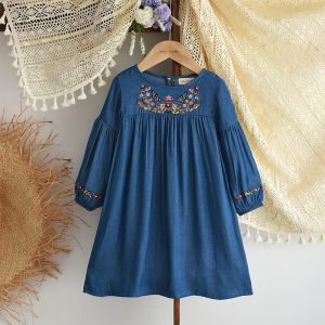 Bear Leader Autumn Fashion 3-7 Years Imitation Denim Flower Embroidery Dress Solid Color Long Sleeve Sweet Girls Casual Clothes