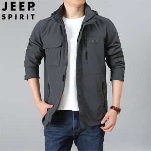 JEEP SPIRIT Áo Khoác Nam Áo Khoác Dài Vừa Áo Khoác Đi Mưa Ngoài Trời Nhiều Túi Chống Nước Dáng Rộng Áo Khoác Có Mũ Tháo Rời