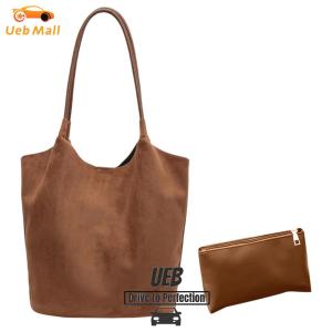 [UEB Mall]Shoulder Bag Faux Suede Magnetic Closure Hobo Bag for Women Slouchy Solid Top-handle Bag for Work Travel