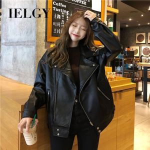 IELGY Thời Trang Hàn Quốc Đen Retro Xe Máy Phù Hợp Với Tự Nhiên Áo Khoác Cardigan Vạt Áo Áo Khoác Da Áo Khoác Nữ