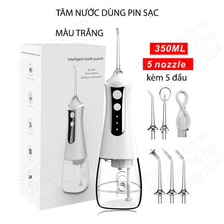 Tăm nước 3 chế độ phun xịt, dùng pin sạc kèm 5 đầu xịt áp lực cao