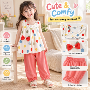 AILEBE Kids Sets Terno Colorful Polka Dot Sleeveless Sando Top Matching Bottoms Coords Cute 3D   Korean Style Summer Outfit Soft Breathable Fabric Casual OOTD Pambahay Pang Gala  For Baby Girls 0-6 Years