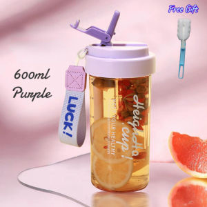 600ml Cute Water Bottle With Folding Straw Portable Macaron Color Water Cup For Ice and Hot Water