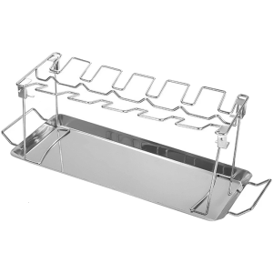 Multifunctional BBQ Ribs Rack Functional 304 Steel With Nonslip Handle And Oil Holders Plate Multiple Ribs Capacity