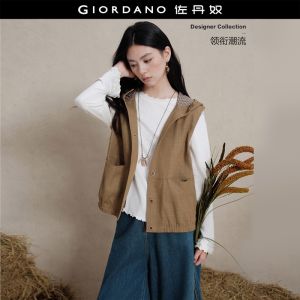Giordano Women Textured plaid paneled hooded vest Free Shipping 18376506