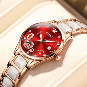 OLEVS 3605 Women Quartz Fashion Watch Gift Ceramic Watchband Round-dial Wristwatch Calendar Luminous
