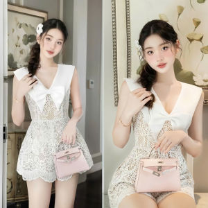 L_ Set tiểu thư đi tiệc đáng yêu đồ đi biển Jum cổ V Ren bản nơ ngực sát nách mix quần đùi xinh
