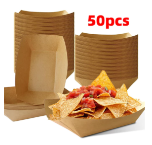 50pcs Heavy-Duty Kraft Paper Snack Boat Box - Oil-Proof Open Tray for BBQ Wings Potato Chips