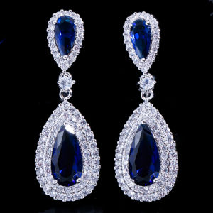 Sequito Chất Lượng Cao trang sức nữ màu bạc Đầy Đủ Micro Pave AAA Zircon lập phương Thiết lập Màu Xanh Waterdrop Cắt Đá Bông tai Thả Dài Món Quà Kỷ Niệm Se812