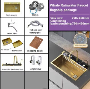 Waterfall Sink Large Single Slot Digital Display 304 Stainless Steel Sink With Waterfall Faucet Honeycomb