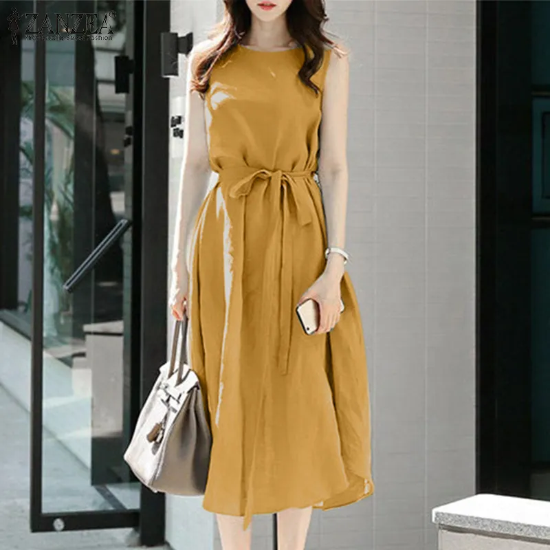 Rulfepy ZANZEA Women Korean Style Cotton Sleeveless Dress Round