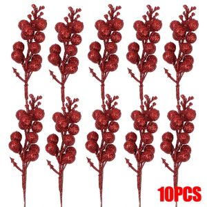 Polocat 5/10pcs Gold Powder Christmas Glitter Berries Stems 14 Heads Artificial Red Holly Berry Stamen Flowers Home Xmas New Year DIY Crafts