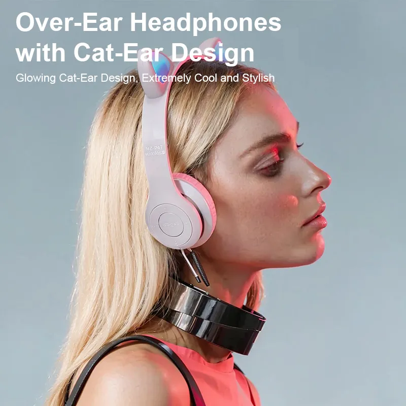 P47M Cat Ear Headphones Bluetooth Wireless Headset Emit Light Stereo  Earphones Foldable And Portable Gaming Headset