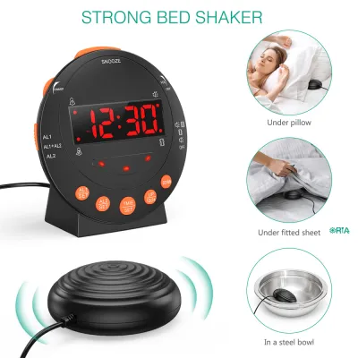 ORIA LED Alarm Clock with Bed Shaker and Adjustable Volume Digital Clock with 3 Wake Up Modes 12/24H Format Snooze for Kids Students Adults Heavy Sleepers