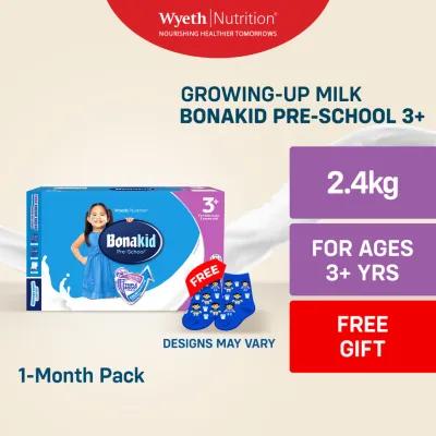 BONAKID PRE-SCHOOL 3+ Growing-Up Milk Powder for 3+ Years Old 2.4kg + FREE Grip Socks