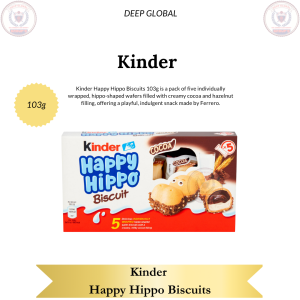 Kinder Happy Hippo Biscuits 103g - 5 Individually Wrapped Hippo-Shaped Wafers with Creamy Cocoa & Hazelnut Filling for On-the-Go Snacking