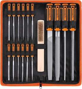 REXBETI 25Pcs Metal File Set Premium Grade T12 Drop Forged Alloy Steel Flat/Triangle/Half-round/Round Large File and 12pcs Needle Files with Carry Case 6pcs Sandpaper Brush A Pair Working Gloves